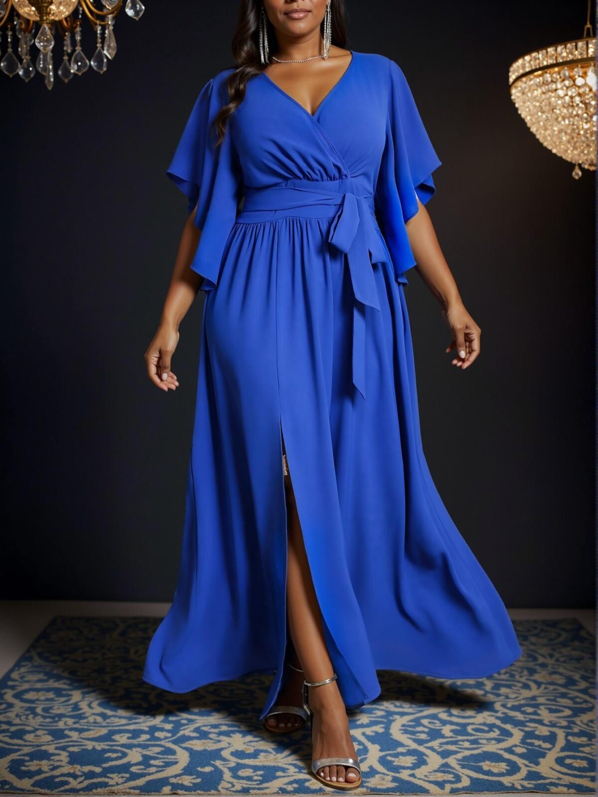 Elegant Royal Blue Flared Short Sleeve Ruched Tie Waist Maxi Dress with Slit for Spring and Summer - Chic, Classy and Trendy Fashion Style to Dress to Impress - Image 5