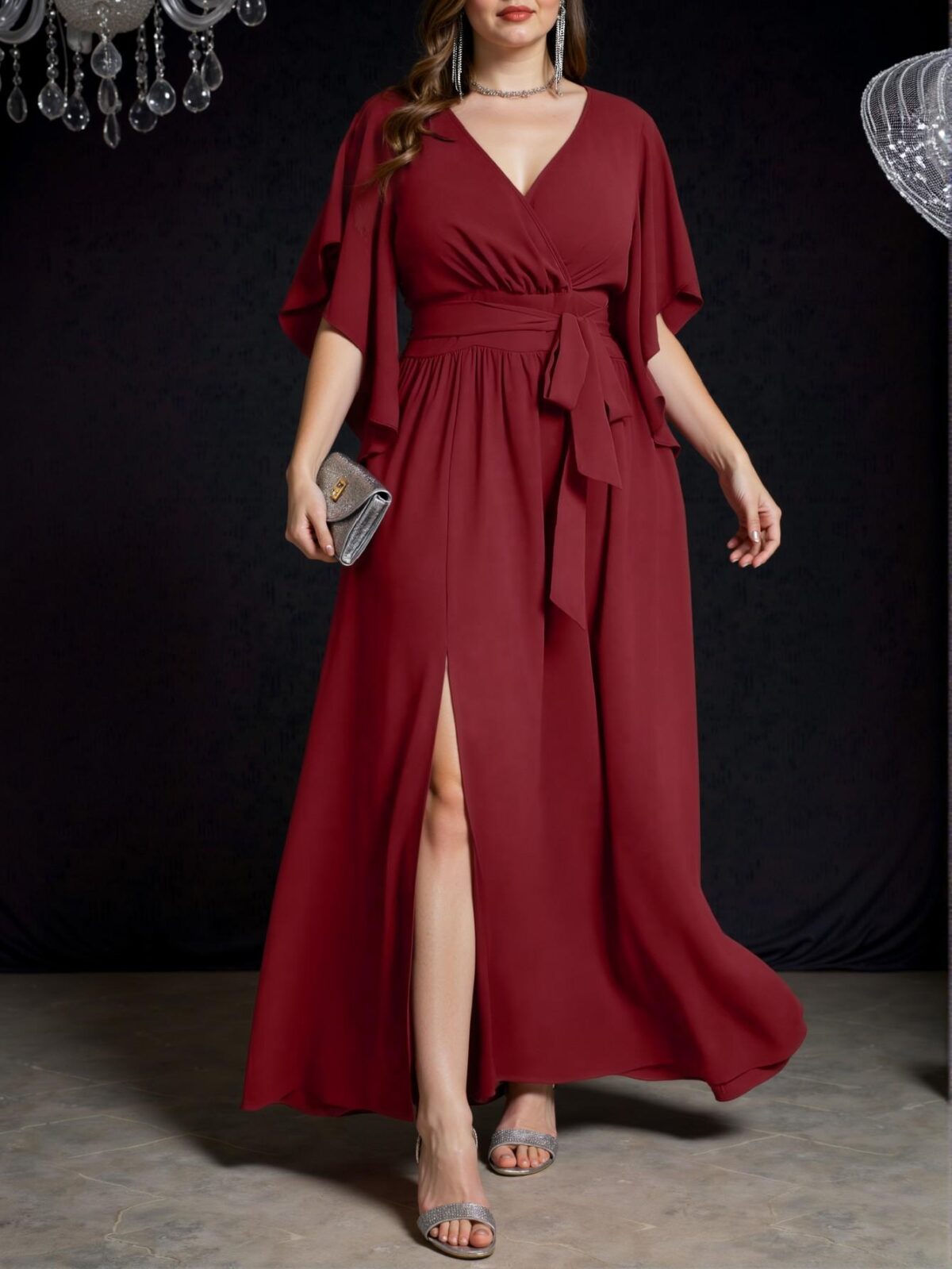 Elegant Burgundy Plus Size V-Neck Ruched Tie Waist A-Line Flounce Sleeve Split Hem Dress for Spring and Summer - Chic, Classy and Trendy Fashion Style to Dress to Impress