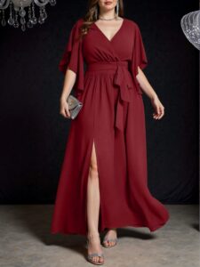 Elegant Burgundy Plus Size V-Neck Ruched Tie Waist A-Line Flounce Sleeve Split Hem Dress for Spring and Summer - Chic, Classy and Trendy Fashion Style to Dress to Impress