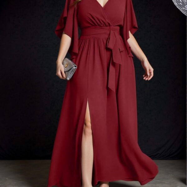 Elegant Burgundy Plus Size V-Neck Ruched Tie Waist A-Line Flounce Sleeve Split Hem Dress for Spring and Summer - Chic, Classy and Trendy Fashion Style to Dress to Impress