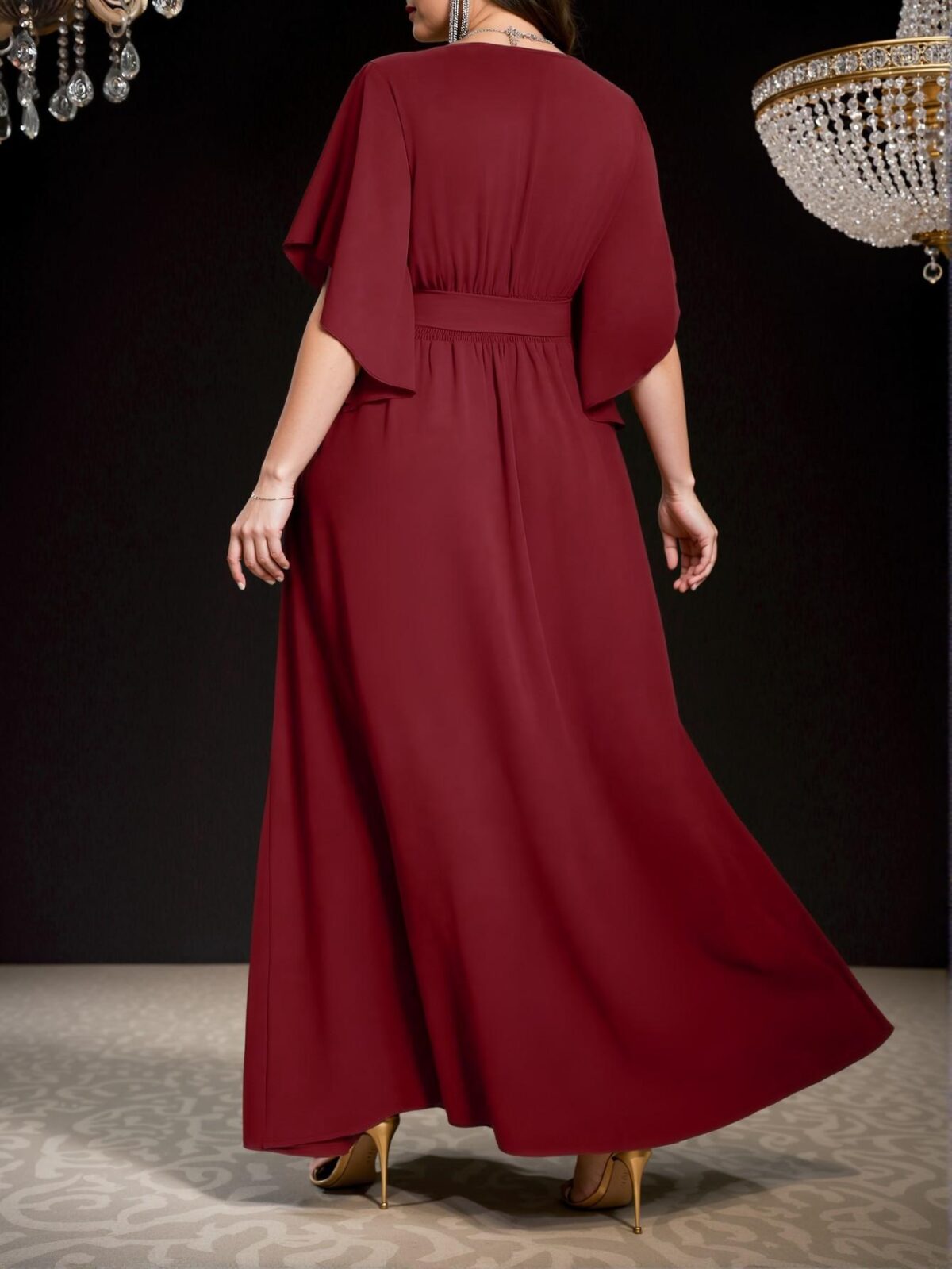 Elegant Burgundy Plus Size V-Neck Ruched Tie Waist A-Line Flounce Sleeve Split Hem Dress for Spring and Summer - Chic, Classy and Trendy Fashion Style to Dress to Impress - Image 2