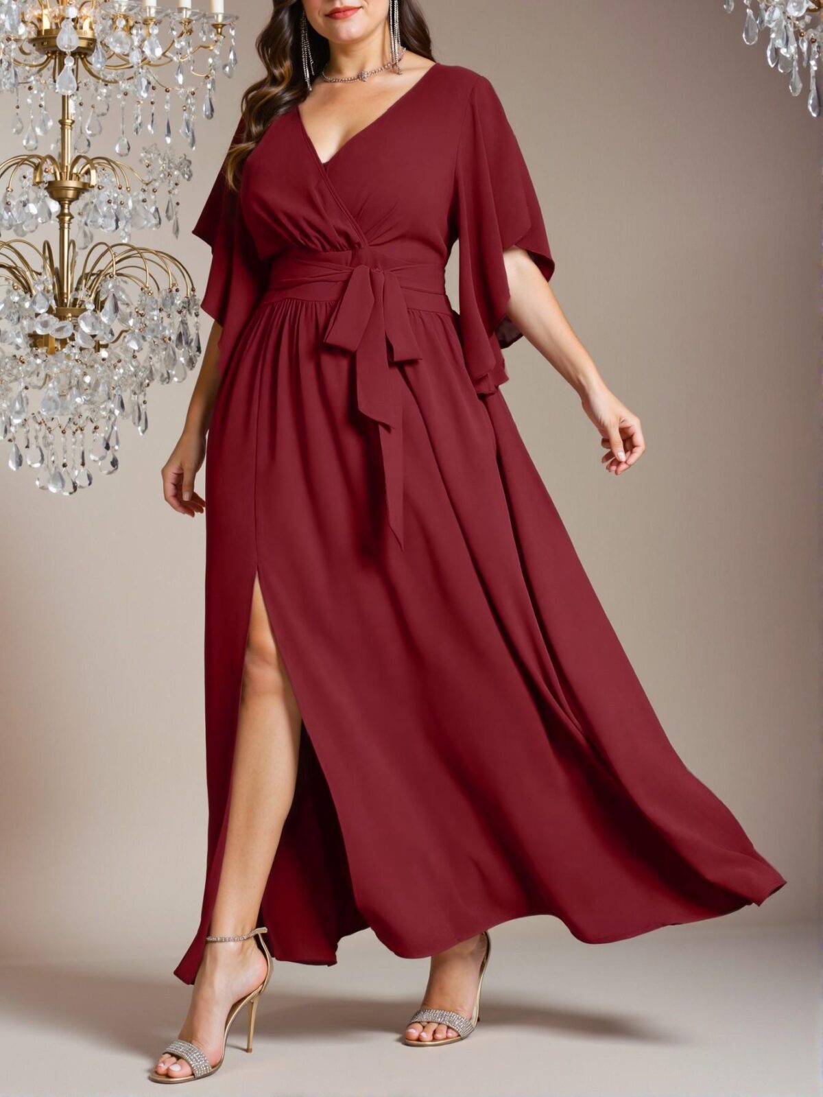 Elegant Burgundy Plus Size V-Neck Ruched Tie Waist A-Line Flounce Sleeve Split Hem Dress for Spring and Summer - Chic, Classy and Trendy Fashion Style to Dress to Impress - Image 3