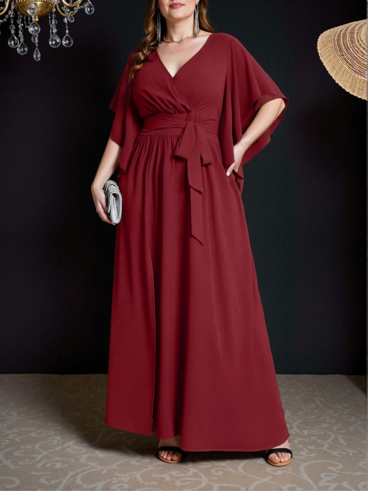 Elegant Burgundy Plus Size V-Neck Ruched Tie Waist A-Line Flounce Sleeve Split Hem Dress for Spring and Summer - Chic, Classy and Trendy Fashion Style to Dress to Impress - Image 5