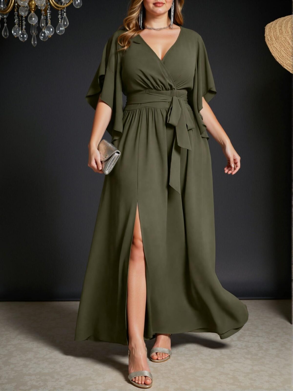 Elegant Army Green Charming V-Neck Flare Short Sleeve Tie Waist Ruched Slit Dress for Spring and Summer - Chic, Classy and Trendy Fashion Style to Dress to Impress