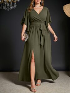Elegant Army Green Charming V-Neck Flare Short Sleeve Tie Waist Ruched Slit Dress for Spring and Summer - Chic, Classy and Trendy Fashion Style to Dress to Impress