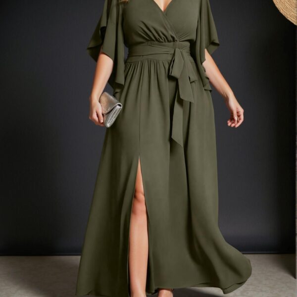 Elegant Army Green Charming V-Neck Flare Short Sleeve Tie Waist Ruched Slit Dress for Spring and Summer - Chic, Classy and Trendy Fashion Style to Dress to Impress