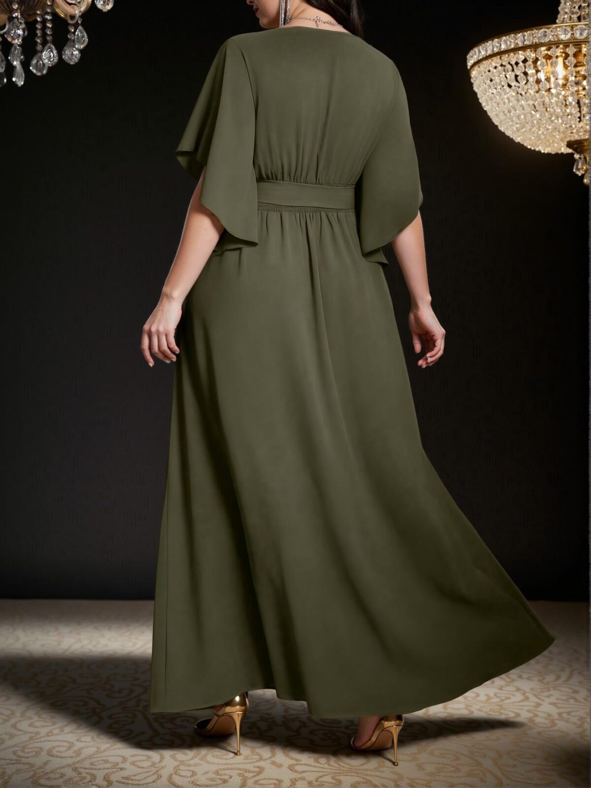 Elegant Army Green Charming V-Neck Flare Short Sleeve Tie Waist Ruched Slit Dress for Spring and Summer - Chic, Classy and Trendy Fashion Style to Dress to Impress - Image 2