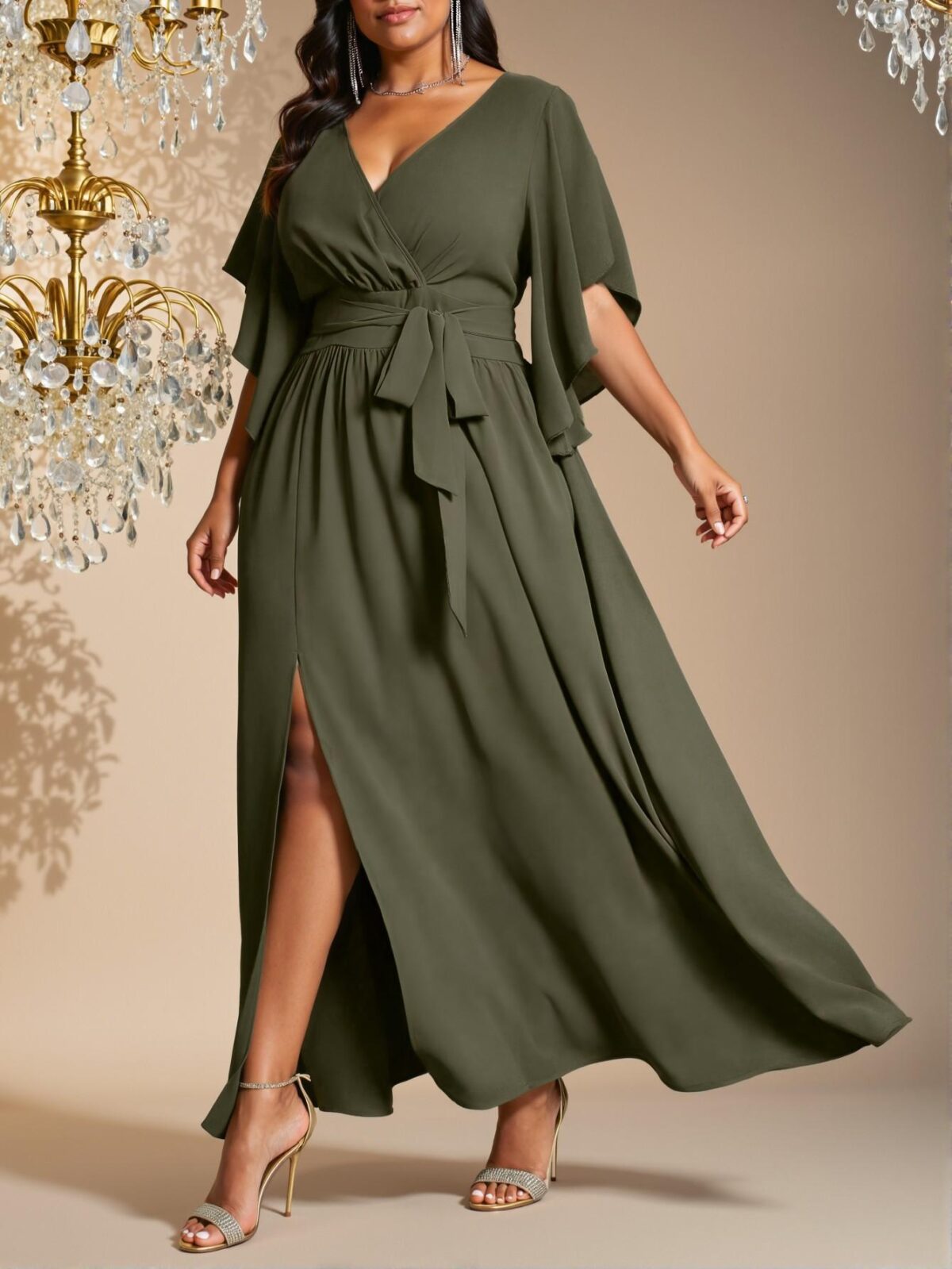 Elegant Army Green Charming V-Neck Flare Short Sleeve Tie Waist Ruched Slit Dress for Spring and Summer - Chic, Classy and Trendy Fashion Style to Dress to Impress - Image 3