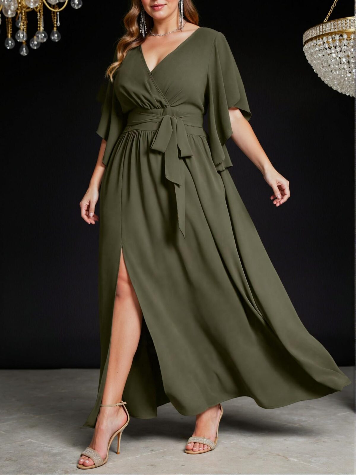 Elegant Army Green Charming V-Neck Flare Short Sleeve Tie Waist Ruched Slit Dress for Spring and Summer - Chic, Classy and Trendy Fashion Style to Dress to Impress - Image 4