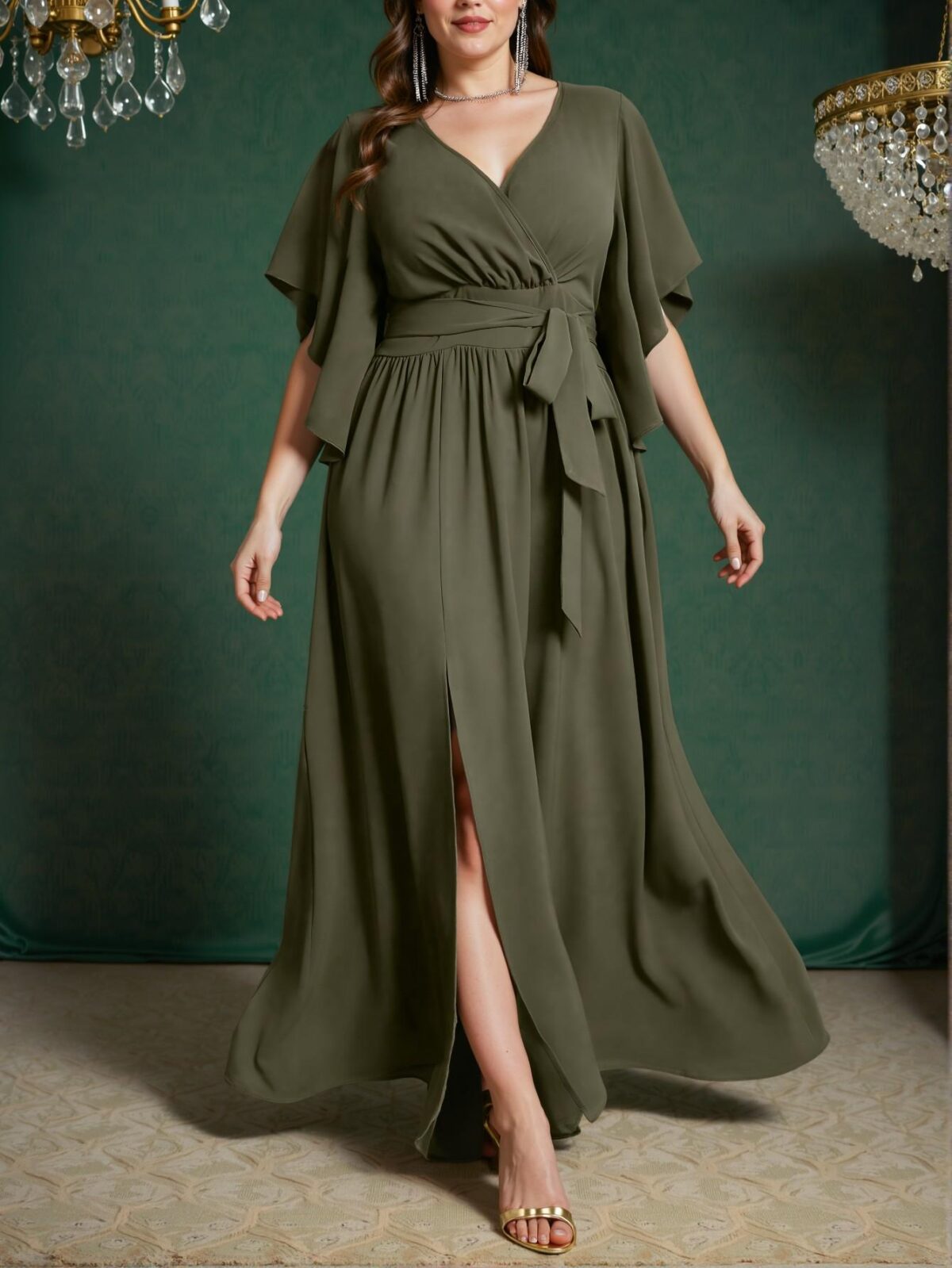 Elegant Army Green Charming V-Neck Flare Short Sleeve Tie Waist Ruched Slit Dress for Spring and Summer - Chic, Classy and Trendy Fashion Style to Dress to Impress - Image 5