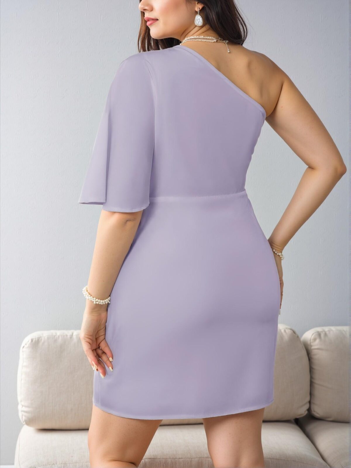Elegant Purple Sophisticated One Shoulder Ruched Dress with Asymmetrical Hem for Comfortable Spring and Summer Commuting - Chic, Classy and Trendy Fashion Style to Dress to Impress - Image 2
