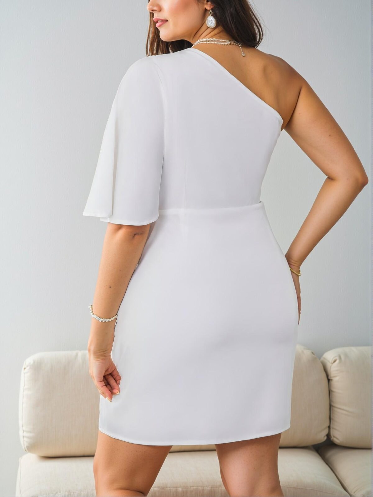 Elegant White Stylish One Shoulder Pleated Asymmetric Hem Short Sleeve Dress for Spring and Summer – Chic, Classy and Trendy Fashion Style to Dress to Impress. - Image 3