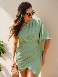 Elegant Mint Green Chic One Shoulder Ruched Asymmetric Hem Short Sleeve Dress for Sophisticated Spring and Summer Looks - Chic, Classy and Trendy Fashion Style to Dress to Impress
