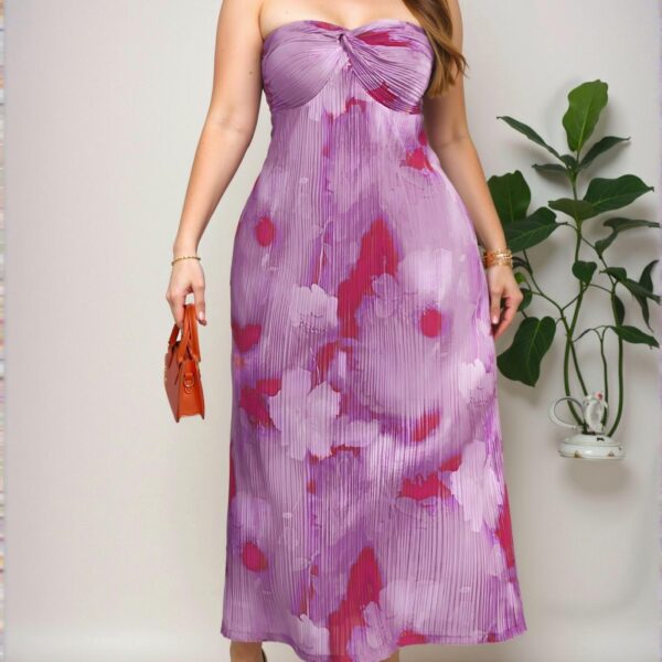 Elegant Mauve Purple Bohemian Strapless Maxi Dress with Crinkled Fabric and Vibrant Tie Dye Floral Print for Spring/Summer Getaways - Chic, Classy and Trendy Fashion Style to Dress to Impress
