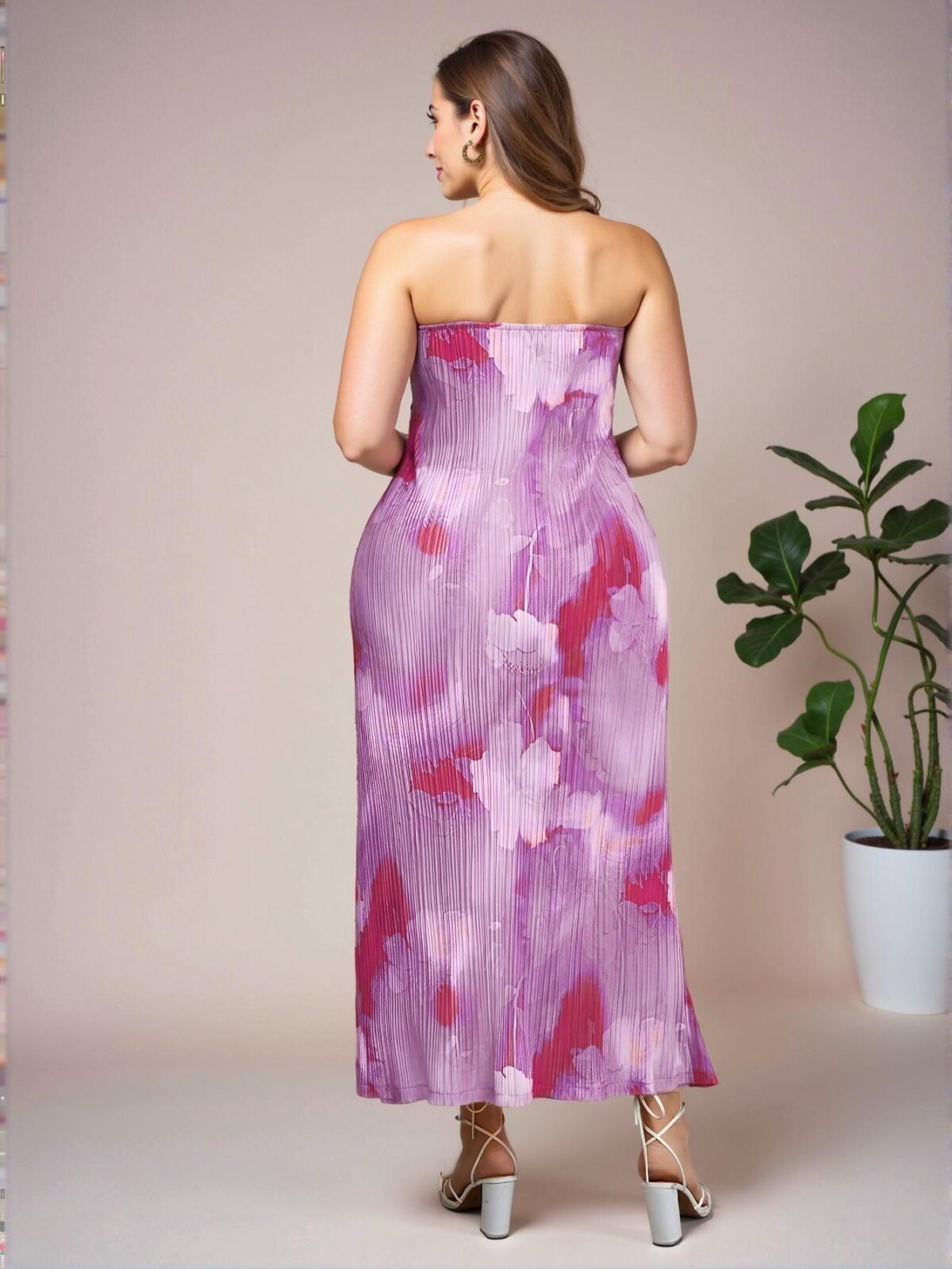 Elegant Mauve Purple Bohemian Strapless Maxi Dress with Crinkled Fabric and Vibrant Tie Dye Floral Print for Spring/Summer Getaways - Chic, Classy and Trendy Fashion Style to Dress to Impress - Image 2