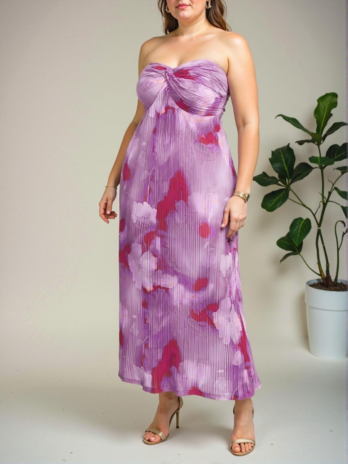 Elegant Mauve Purple Bohemian Strapless Maxi Dress with Crinkled Fabric and Vibrant Tie Dye Floral Print for Spring/Summer Getaways - Chic, Classy and Trendy Fashion Style to Dress to Impress - Image 5
