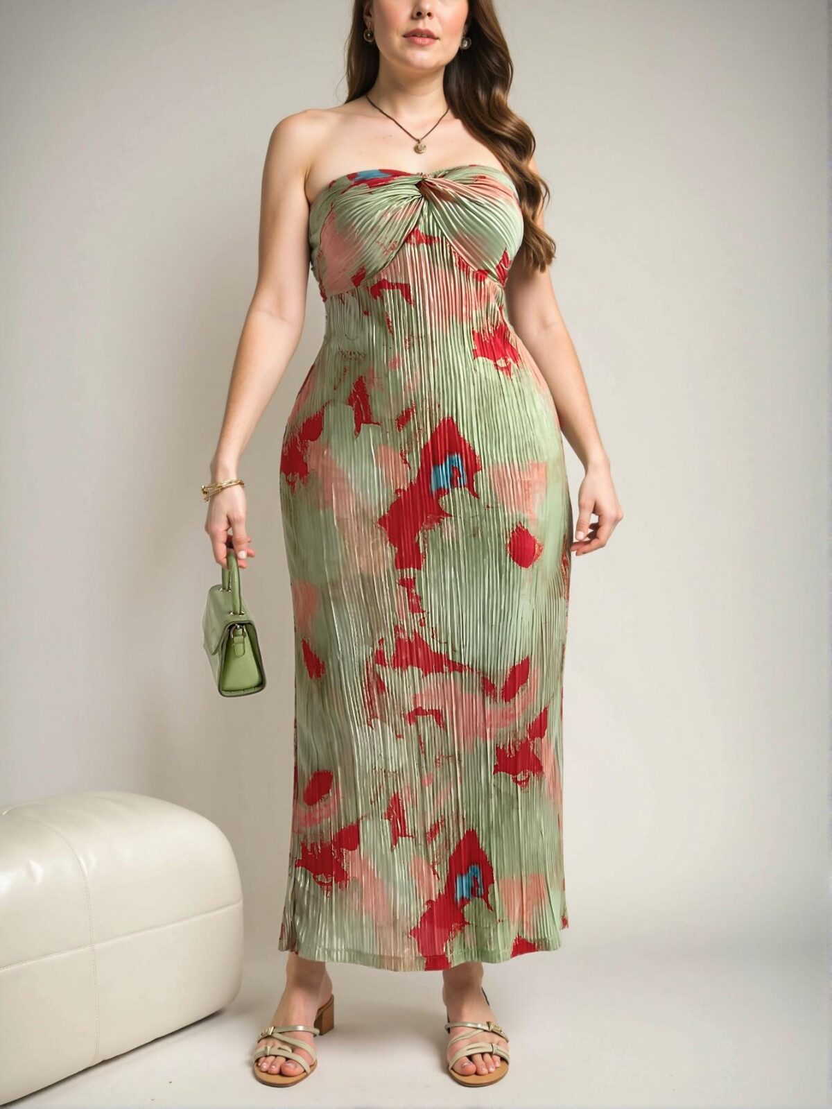 Elegant Mint Green Loose-Fit Strapless Twist Maxi Dress with Pleated Ombre Floral Print for Spring and Summer – Chic, Classy and Trendy Fashion Style to Dress to Impress.