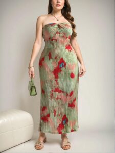 Elegant Mint Green Loose-Fit Strapless Twist Maxi Dress with Pleated Ombre Floral Print for Spring and Summer – Chic, Classy and Trendy Fashion Style to Dress to Impress.