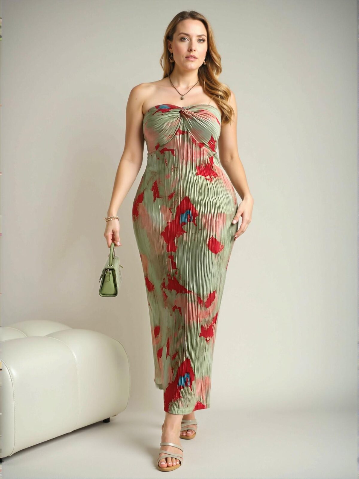 Elegant Mint Green Loose-Fit Strapless Twist Maxi Dress with Pleated Ombre Floral Print for Spring and Summer – Chic, Classy and Trendy Fashion Style to Dress to Impress. - Image 5
