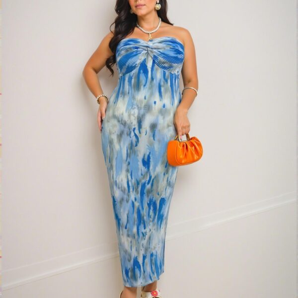 Elegant Multicolor Strapless Twist Tie Dye Pleated Maxi Dress for Vacation and Date Nights - Chic, Classy and Trendy Fashion Style to Dress to Impress