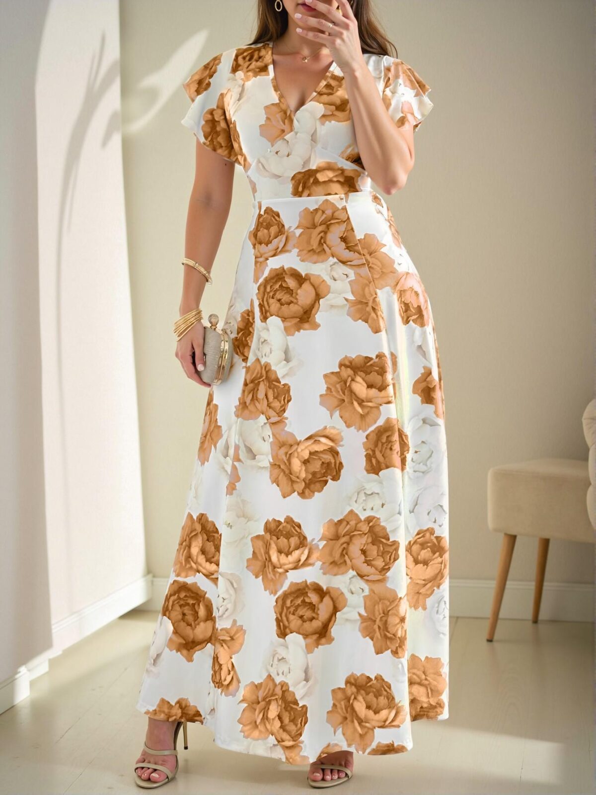 Elegant Yellow Floral Print Ruffle V Neck Maxi Dress for Spring and Summer – Chic, Classy and Trendy Fashion Style to Dress to Impress