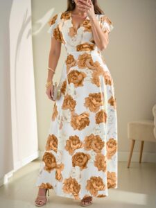 Elegant Yellow Floral Print Ruffle V Neck Maxi Dress for Spring and Summer – Chic, Classy and Trendy Fashion Style to Dress to Impress