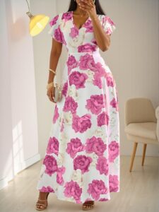 Elegant Purple Bohemian Floral Ruffle V Neck Maxi Dress for Spring and Summer Chic, Classy and Trendy Fashion Style to Dress to Impress