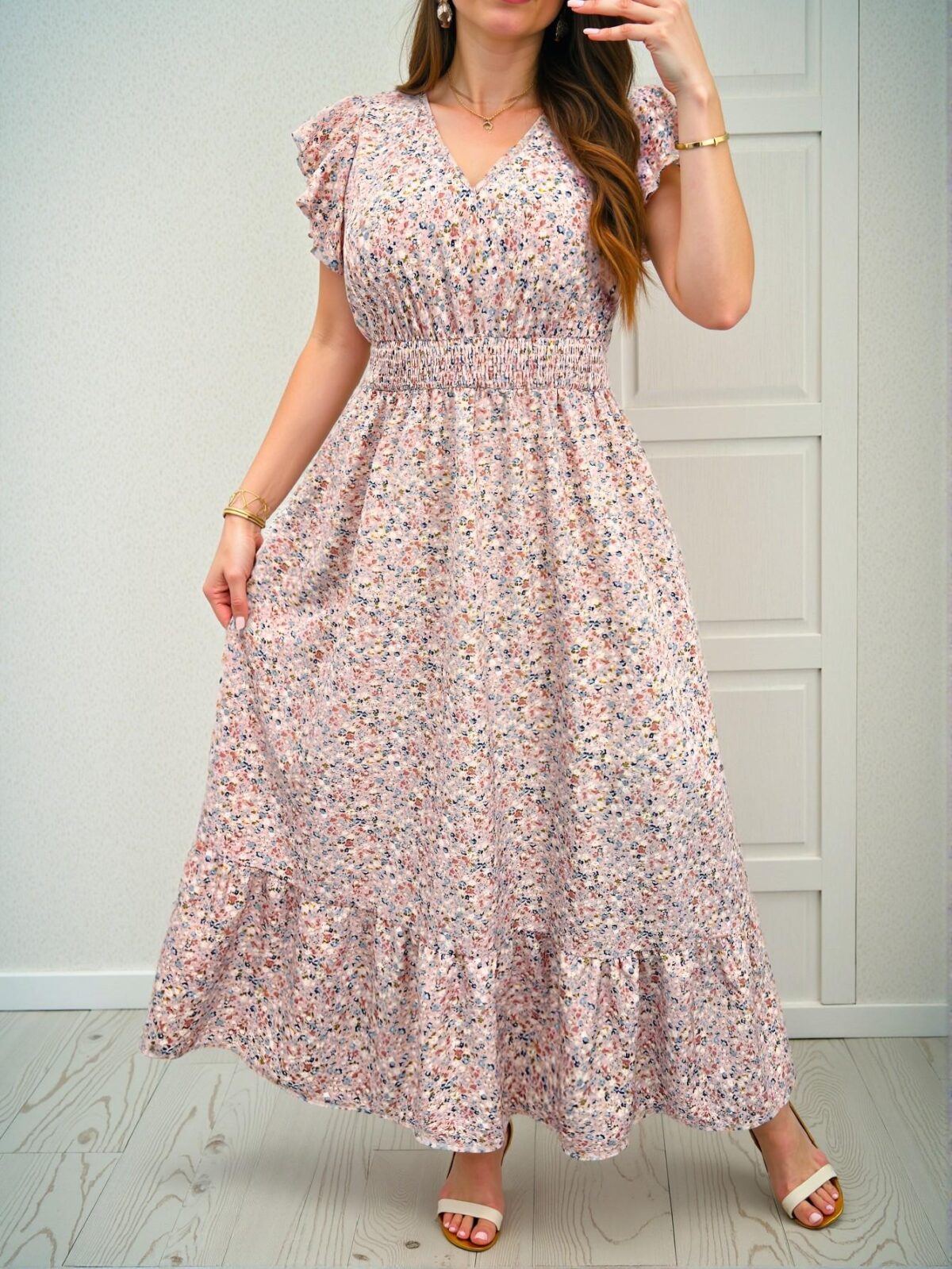 Elegant Multicolor Boho Floral Print Maxi Dress with Lace Cap Sleeves and V-Neckline for Summer Gatherings - Chic, Classy and Trendy Fashion Style to Dress to Impress