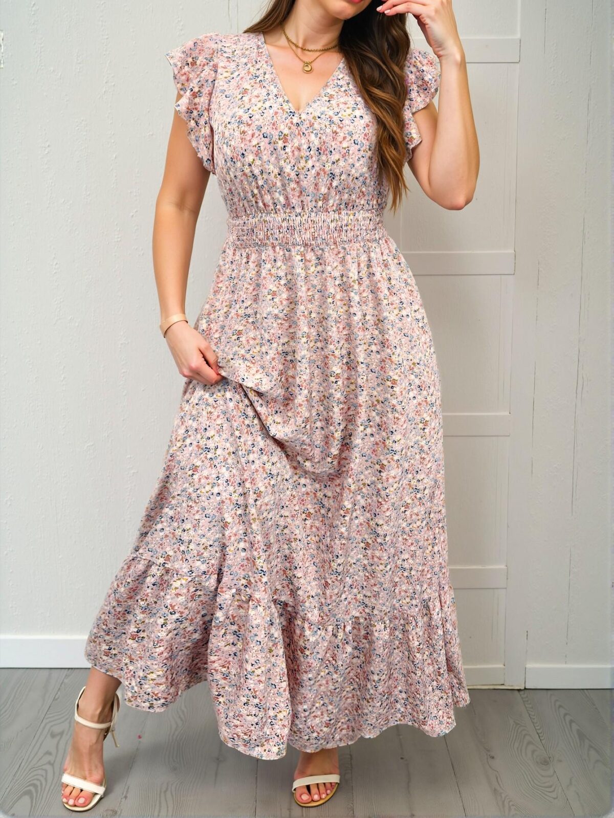 Elegant Multicolor Boho Floral Print Maxi Dress with Lace Cap Sleeves and V-Neckline for Summer Gatherings - Chic, Classy and Trendy Fashion Style to Dress to Impress - Image 3