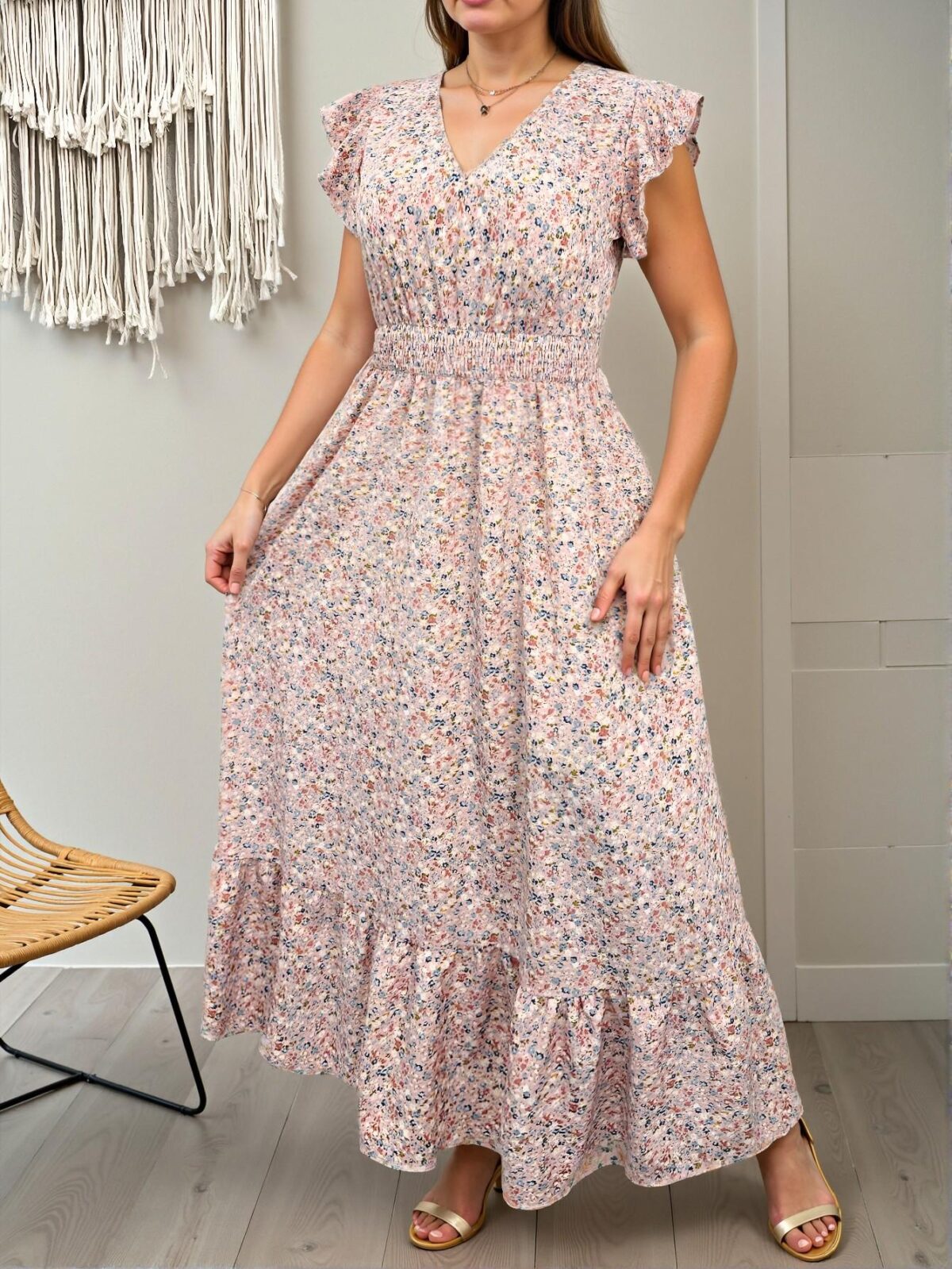 Elegant Multicolor Boho Floral Print Maxi Dress with Lace Cap Sleeves and V-Neckline for Summer Gatherings - Chic, Classy and Trendy Fashion Style to Dress to Impress - Image 4